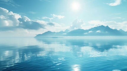 Fototapeta premium A serene seascape on a clear, sunny day with a vast, calm ocean reflecting clouds, showcasing a peaceful and expansive natural environment