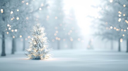 Fototapeta premium A 3D Christmas background featuring a snowy forest, twinkling lights, and a decorated tree, with plenty of copy space for text or design elements.