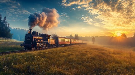 Obraz premium train and village landscape anime style