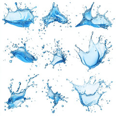 set of blue water splash on white background