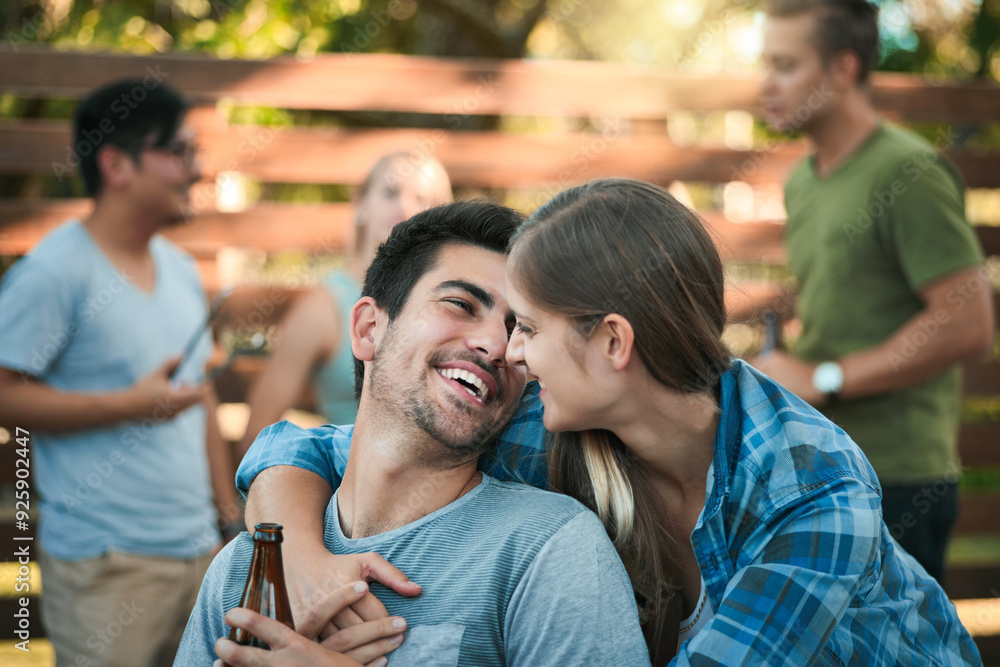 Canvas Prints Couple, barbecue and backyard with hug, love and labor day event with celebration and drinks outdoor. Holiday, reunion and happy people together with social group and conversation with friends