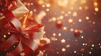 Gift Wrapped Joy: A close-up of beautifully wrapped presents with red ribbon bows against a warm, festive background of twinkling lights and gold stars.