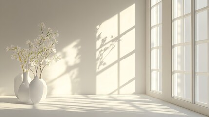 Bright 3D sun in a minimalistic room, casting light through large windows, with white flower vases.