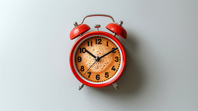 Red alarm clock with a coffee foam on the clock face, blending time and coffee in a creative concept on white background. Top view