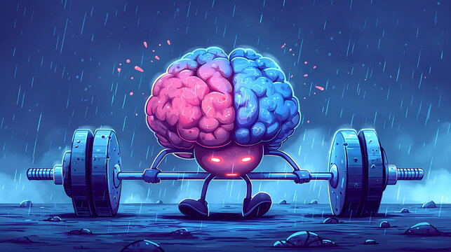 Illustration of cartoon representation of a brain lifting a barbell. Train your memory