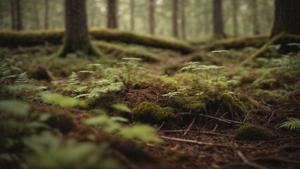 Obraz premium Lush forest cover with moss and ferns in a misty pine forest