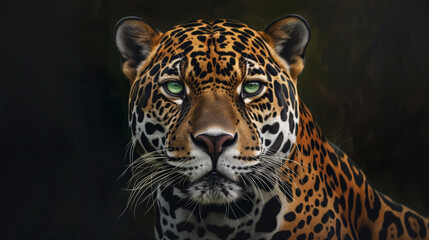 Obraz premium A close-up of a jaguar with rich golden-black fur and bright green eyes, created in a hyperrealistic style on a dark background