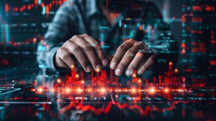 Hands typing on a keyboard with a holographic financial chart overlay, indicating online trading activities ideal for articles or websites about stock market, finance, and technology trends,