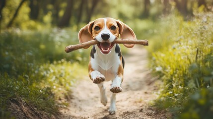 Beagle Dog Running with Stick in Mouth Through Forest