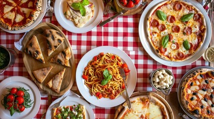 Create a vibrant scene of an Italian trattoria with classic red and white checkered tablecloths