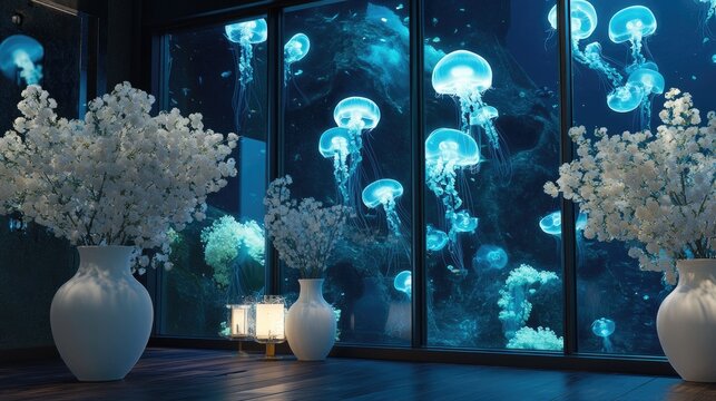 Fototapeta Glowing jellyfish in the ocean in 3D, seen through large windows with white vases of flowers softly lit. -