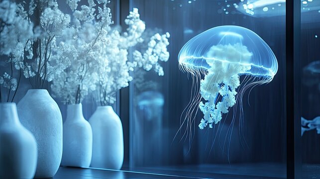Fototapeta Glowing jellyfish in the ocean in a 3D close-up, seen through large windows with white vases of flowers.