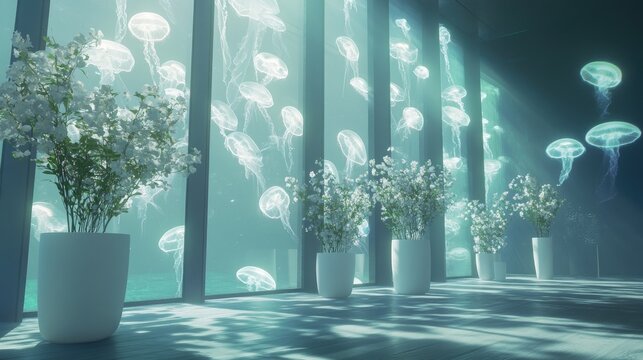 Fototapeta Glowing jellyfish in the ocean in 3D, seen through large windows with white vases of flowers softly lit. -