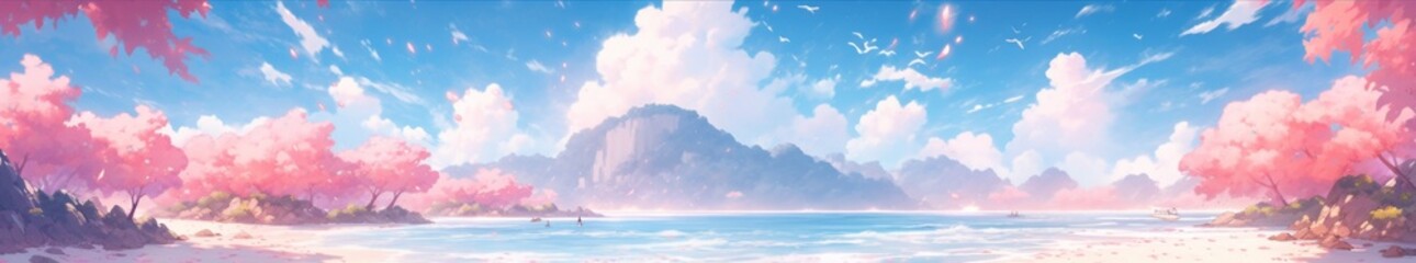 Obraz premium Serene Dreamy Beach with Cherry Blossoms: A Tranquil Anime-Style Seascape for Gaming and Storybook Illustrations in 4K.