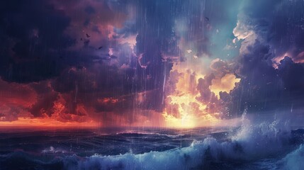 Create a vivid portrayal of dark clouds with heavy, cascading rain, adding a sense of movement and intensity to the stormy atmosphere.