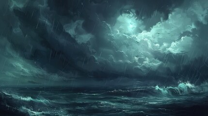 Naklejka premium Create a vivid portrayal of dark clouds with heavy, cascading rain, adding a sense of movement and intensity to the stormy atmosphere.