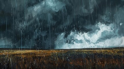 Create a vivid portrayal of dark clouds with heavy rainfall cascading down, adding a dramatic and intense atmosphere to the landscape.