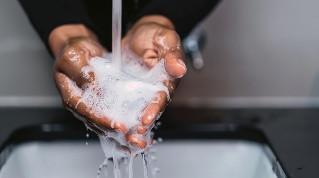 Close-up of hands lathering with soap under running water, emphasizing handwashing as a crucial method to prevent flu transmission