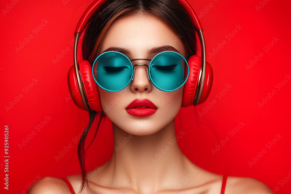 Wall mural beautiful young woman with fashion makeup centre facing front wearing large retro headphones