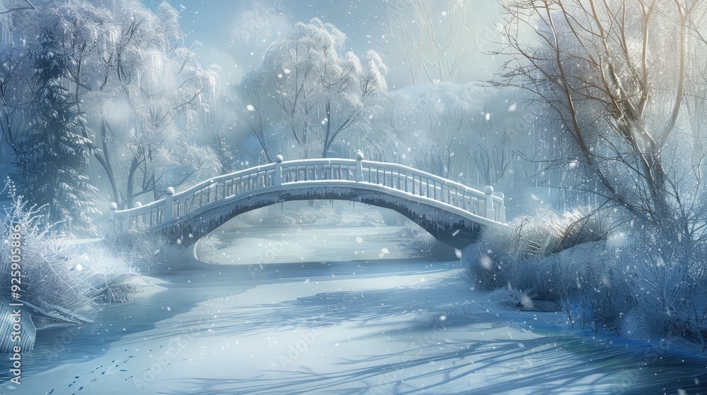 Poster create a winter podium background with a podium placed on a snow-covered bridge, with a backdrop of 