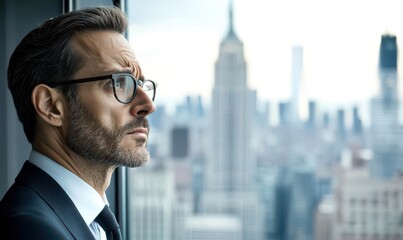 Fototapeta premium CEO looking out a window with a troubled expression, high-rise cityscape, contemplating strategic business decisions, layoffs looming