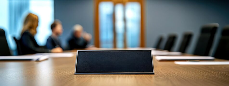 Closed boardroom doors with 'Meeting in Progress' sign, blurry figures inside, secretive atmosphere, layoffs decision-making