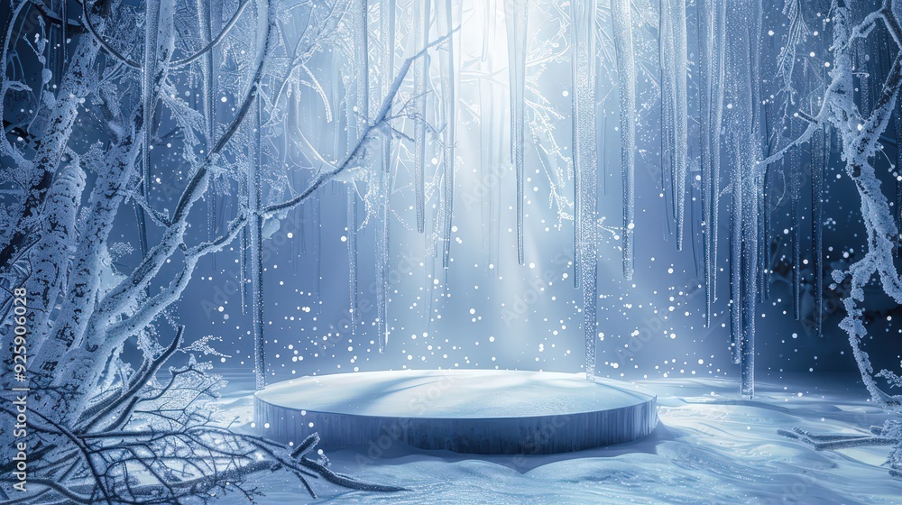 Poster create a winter podium background with a podium surrounded by sparkling icicles and snow-covered bra