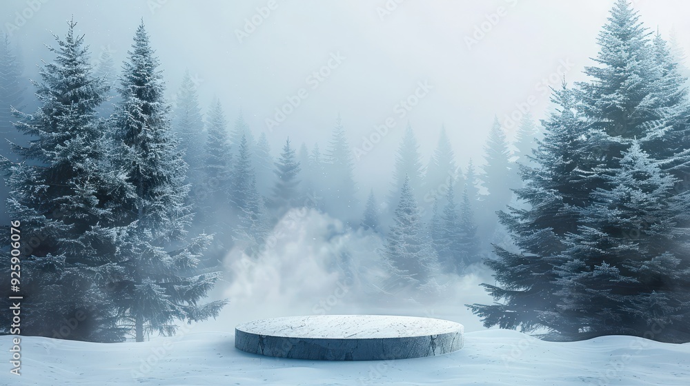 Poster create a winter podium background with a podium surrounded by a frosty mist and snow-covered pine tr
