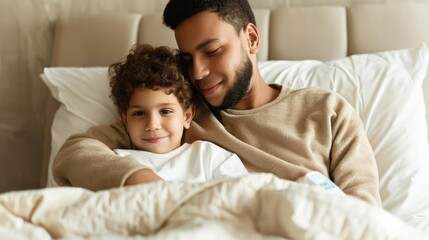Fototapeta premium Parent comforting a child in quarantine with a digital thermometer on the nightstand, family care, isolation