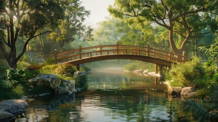 Fototapeta premium a Zen landscape with a traditional Japanese bridge spanning a calm stream.