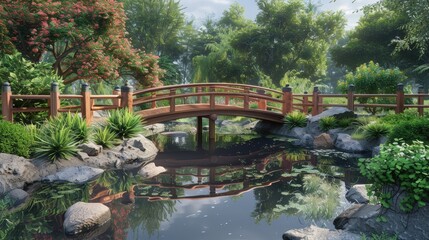 Fototapeta premium a Zen landscape with a traditional Japanese bridge spanning a calm stream.