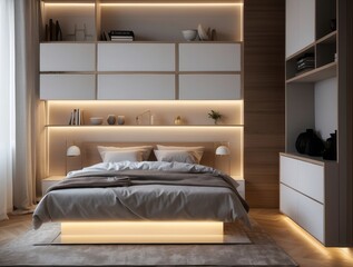 Modern bedroom with a built-in shelving unit and illuminated bed
