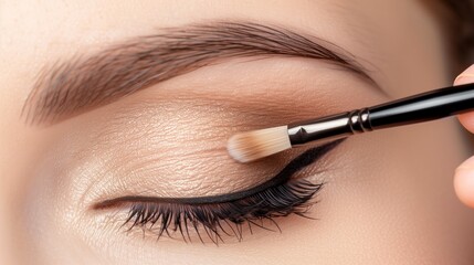 Make-up artist does evening make-up for a girl. Delicate make-up with arrows. Applying eyeshadow to the eyelid with a brush. Event stylist. Macro photography.