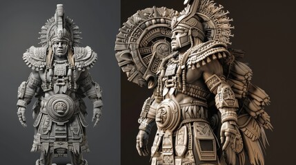 Create an Aztec warrior character with a focus on intricate armor designs and symbolic patterns.