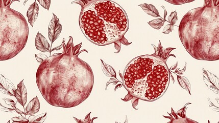 Create an elegant pomegranate pattern with delicate line drawings of pomegranates and seeds.