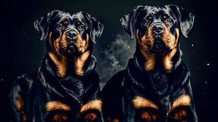 Obraz premium Two twin Rottweilers are sitting next to each other.On a black background