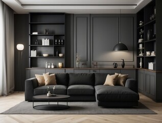 Modern Living Room with Black Leather Sectional Sofa and Grey Walls