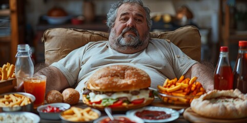 Fat man eating junk food