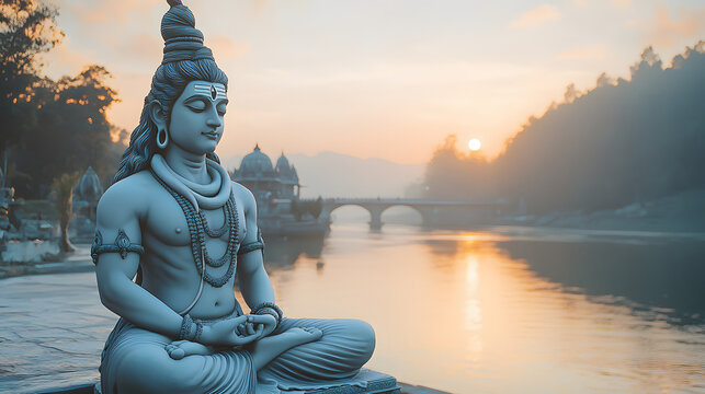 Lord Shiva hindu god statue during beautiful sunrise with ganga river background hinduism religion india spiritual peaceful meditation yoga om namah shivay