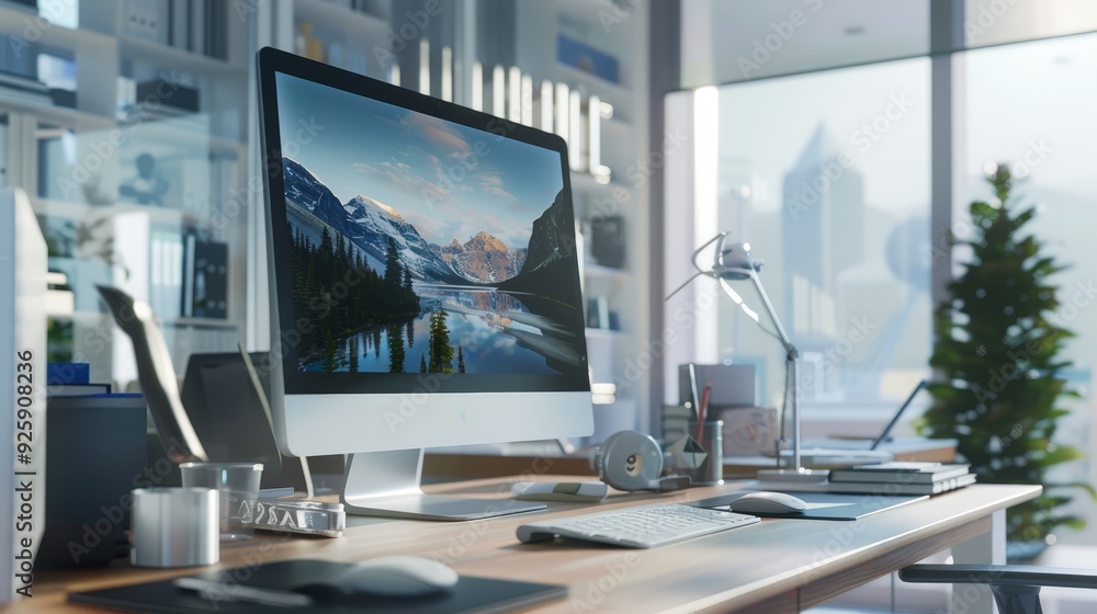 Poster create an image of a desktop computer with a high-resolution monitor, featuring a tidy desk with a w