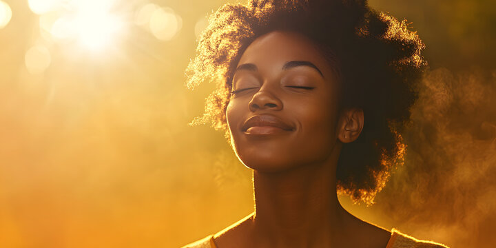 African American woman with healing energy and light around her feeling good breathing calm peace. Happy black female smiling in happiness taking deep breath for zen, health or spiritual wellness