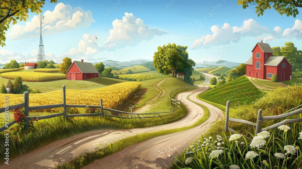 Poster create an image of a fork in the road at a rural crossroads, with one path heading through farmland 