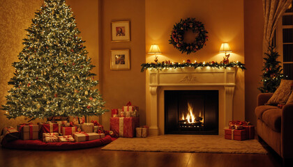 Stylish living room interior with beautiful fireplace, Christmas tree and other decorations at night
