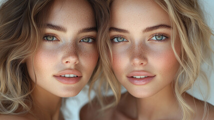 two young girls, blonde, brunette. model appearance. product advertising.