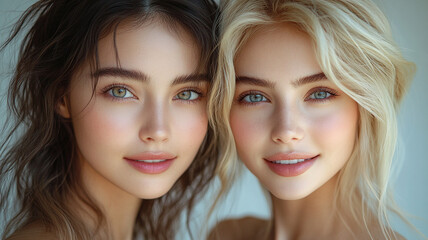 two young girls, blonde, brunette. model appearance. product advertising.