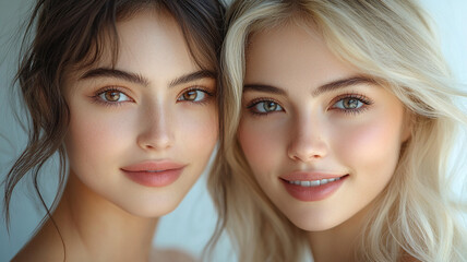 two young girls, blonde, brunette. model appearance. product advertising.
