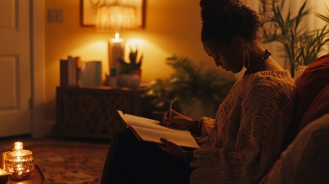 A counselor writing notes during a session, surrounded by soft lighting and calming decor, emphasizing a warm and inviting atmosphere