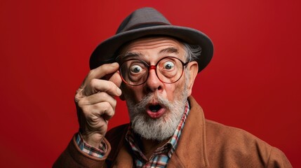 Portrait of Surprised Man Holding Glasses, on a solid color background.