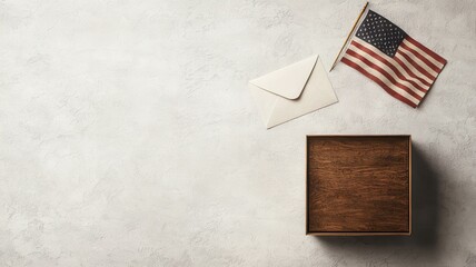 Fototapeta premium A rustic wooden box, an envelope, and a small American flag on a neutral background, perfect for patriotic themes and gifts.