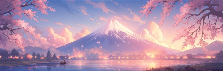 Pink-Hued Mount Fuji Wallpaper: A Stylized Anime-Inspired Cherry Blossom Landscape, Abstract Art for Gaming and Storybook Illustrations.